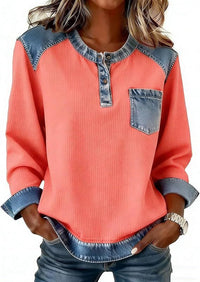 Patchwork Button Pocket Long Sleeved Round Neck Top