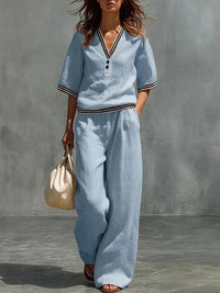 Cotton-Linen V-Neck Casual Comfortable Short-Sleeve Shirt And Pants Set