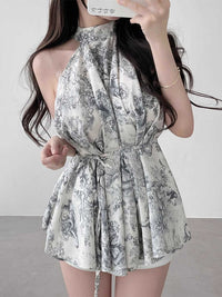 Vintage Stand Collar Ink Printing Lace-up Waist Halter Chiffon Shirt