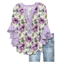 Printed Casual Trend V-neck Flounce Sleeve T-shirt