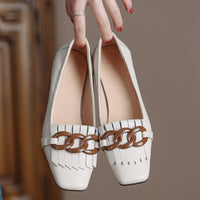 Fringed Chunky-heel Peep-toe Leather Shoes With A Chain Detail