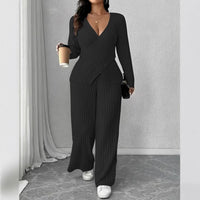Womens Knitted V-Neck Jumpsuit With Wide-Leg Pants