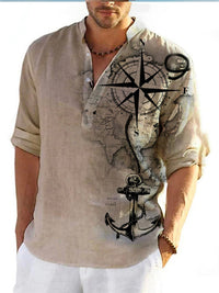 Thin Casual Digital Bamboo Linen Hawaiian Long Sleeve Shirt