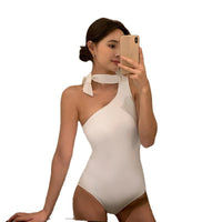 Simple Solid Color One-shoulder Tether Halter One-piece Swimsuit