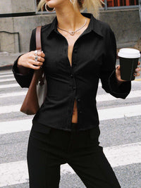 Lapel Breasted Cardigan Long Sleeve Shirt Slim Striped Top