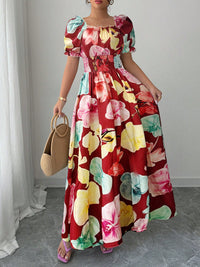 Puff-sleeve High-waist Cinched-waist Printed Maxi Slip Dress For Women