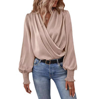 V-neck Pleated Lantern-sleeve Solid-color Blouse For Womenelegant And Professional