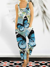Ladies Printed Cotton And Linen Strap Button Jumpsuit