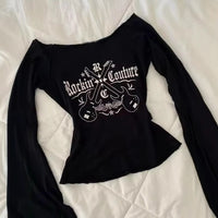 Printed Women's Long-sleeved Off-shoulder Slim-fit Slimming Pure Desire Style