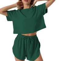 Womens Casual Two-Piece Set Short-Sleeve Top With Elastic Waist Shorts