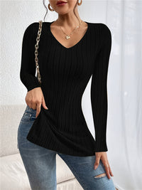 Women's Autumn Winter Coat V-neck Long Sleeve Sunken Stripe Brushed T-shirt