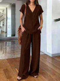 Fashionable V-neck Short-sleeve T-shirt And Wide-leg Pants Womens Suit