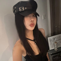 Girly-style Niche Leather-buckle Beret For Women Leather Octagonal Cap