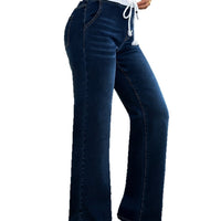 Womens Retro Straight-Leg Pants With Elastic Waist And Drawstring, Medium-Rise High Stretchability