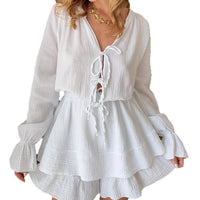 V-neck Lantern-sleeve Lace-up Stylish Jumpsuit