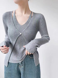 Women's Fake Two-piece Sunken Stripe Long-sleeved Sweater