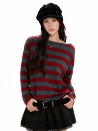 Women's Red-striped Long-sleeve Knit Sweater