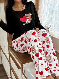 Womens Crew-Neck Bear And Heart Print Long-Sleeve Pajama Set With Long Pants