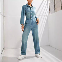 Women's Slim-fit Long-sleeved Denim Jumpsuit