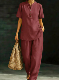 Womens Comfortable Linen Two-Piece Set Button-Up Shirt And Wide-Leg Pants