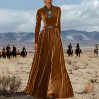 Elegant AutumnWinter Long-Sleeve Western-Style Velvet Dress