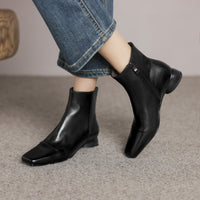 Women's Fashion Cowhide Shoes With A Square Toe, Side Zipper, And Chunky Mid-heel