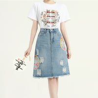 New Chinese Embroidery Denim Skirt A- Line Skirt Buckle