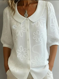 Loose-fit Retro Buttoned 3D Embroidered Floral Shirt