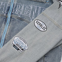 Men's Stitching Embroidered Letters Washed And Worn Zipper Denim Coat Fashion