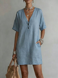Casual Comfortable Cotton-Linen Pocket Dress With Buttons
