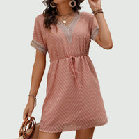 V-neck Lace-up Waist Short-sleeve Womens Dress