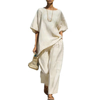 Short-sleeve Top With An Asymmetrical Hem And Wide-leg Pants Set