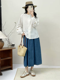 Japanese Style New Literary Solid Color Lace Long-sleeved Shirt