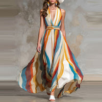 2-Wave Striped Sleeveless Maxi Dress With A Deep V-Neck And Off-the-Shoulder Design