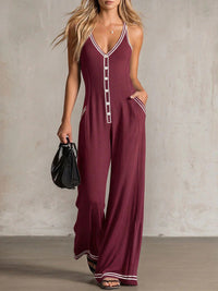 Womens V-Neck Casual Loose Backless Wide-Leg Jumpsuit