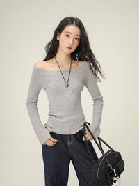 Pure Desire Oblique Angle Shoulder Soft Knit Sweater Base Shirt