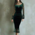 Womens French-style Chic Velvet And Lace Panelled Waist-Cinching Dress