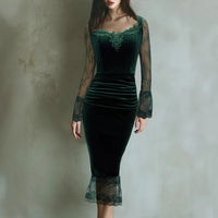 Womens French-style Chic Velvet And Lace Panelled Waist-Cinching Dress