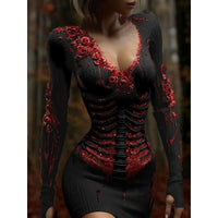 New Digital Dress With A V-neck And Long Sleeves