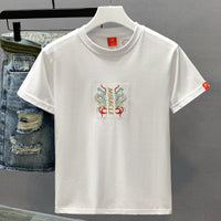 Men's Cotton Crew-Neck Versatile Ethnic-Style Embroidered Short-Sleeve T-Shirt