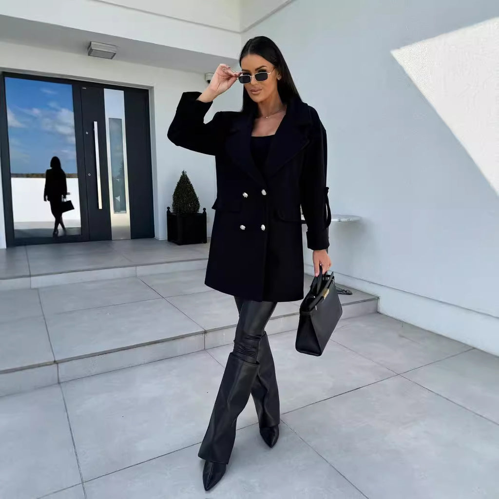 Winter Solid Color Fashion All-match Double-breasted Woolen Coat Women's Clothing