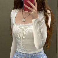 Lace Edge Stitching Fake Two-piece Long-sleeved T-shirt Slim Pleated Lace-up Short Top