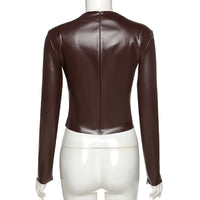 Long-sleeved Round Neck Zipper Faux Leather Solid Color Cardigan