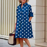 Elegant Polka-dot Printed Shirt-collar Mid-length Dress With Long Sleeves