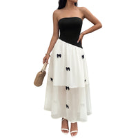 New French Sweet-Cool Style Black And White Contrasting Color Strapless Bow-Knot Dress