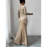 Retro Elegant Pearl-Embellished Waist-Cinching Sheath Velvet Maxi Dress