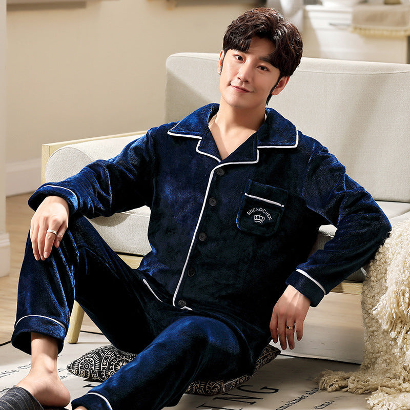 Autumn And Winter Flannel Men's Pajamas Men's Lapel Cardigan