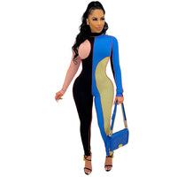 Sexy Threaded Color Block Long Sleeve Slim Jumpsuit