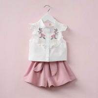 Two Piece Floral Embroidered Jacket With Bow Shorts