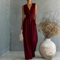 Womens Elegant Sleeveless Waist-Cinching V-Neck Sophisticated Jumpsuit